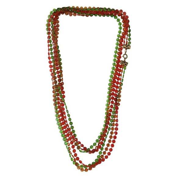 Red Green Orange Plastic Fixed Bead Multi Strand Necklace 50" Long, E219 - Picture 7 of 7